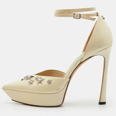 Pre-owned Jimmy Choo Size 40 Cream Patent Leather Pointed Toe Platform Ankle Strap Pumps