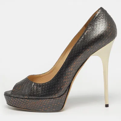 Pre-owned Jimmy Choo Size 40 Metallic Grey Python Embossed Leather Platform Peep Toe Pumps In Gray
