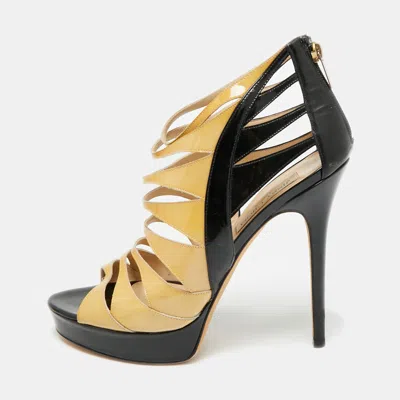 Pre-owned Jimmy Choo Size 40.5 Beige/black Patent Leather Strappy Platform Sandals