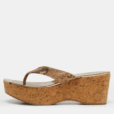 Pre-owned Jimmy Choo Size 41 Brown Python Embossed Leather Cork Wedge Thong Sandals