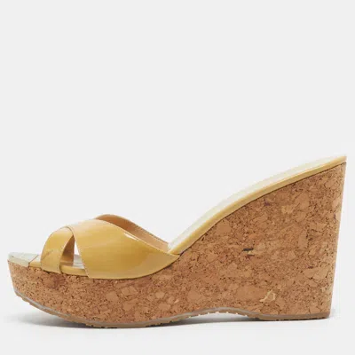 Pre-owned Jimmy Choo Size 42 Mustard Yellow Patent Leather Cork Wedge Platform Slide Sandals