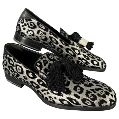 Pre-owned Jimmy Choo Size 7 Silver Black Medusa Jacquard Tassels Loafers