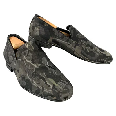 Pre-owned Jimmy Choo Size 8 Black Grey Camouflage Figures Canvas Slip On Loafers In Gray