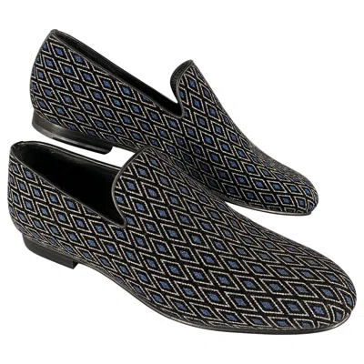Pre-owned Jimmy Choo Size 8 Navy Black Diamond Velvet Loafers In Blue