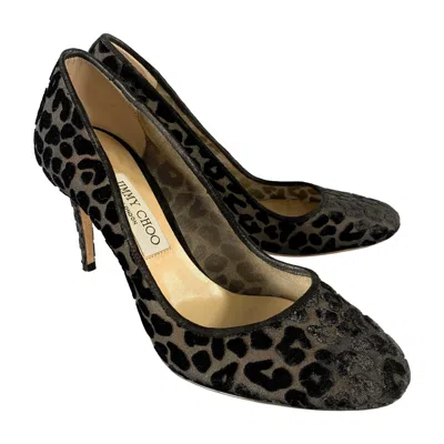 Pre-owned Jimmy Choo Size 9 Black Devore Leopard Round Toe Pumps