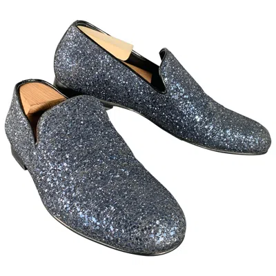 Pre-owned Jimmy Choo Size 9 Thame Grey Black Glitter Leather Slip On Loafers In Gray