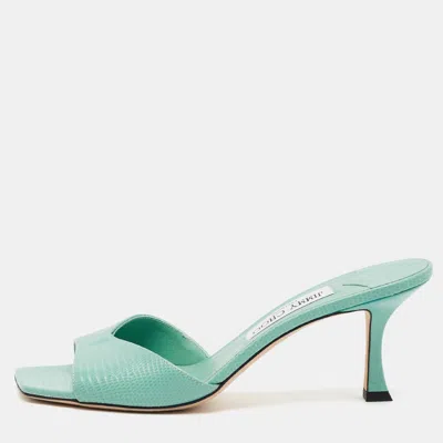 Pre-owned Jimmy Choo Sky 70 Size 39.5 Cool Green Lizard Embossed Leather Slide Sandals