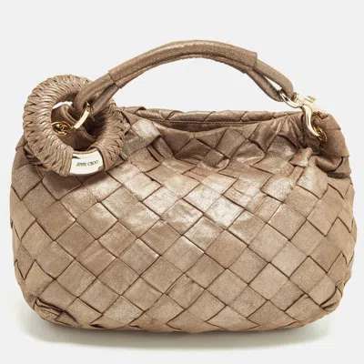 Jimmy Choo Sky Beige Shimmering Woven Suede Hobo In Sand