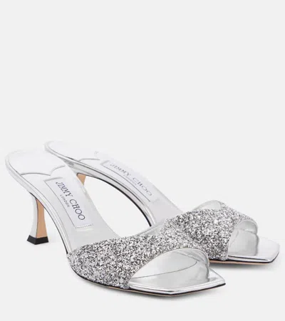 Jimmy Choo Glittered Leather Sandals With Sculpted Heel In Silver