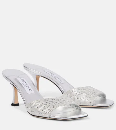 Jimmy Choo Verzierte Pantoletten Skye 70 Aus Satin In Silber