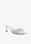 Jimmy Choo Glittered Leather Sandals With Sculpted Heel In Silver