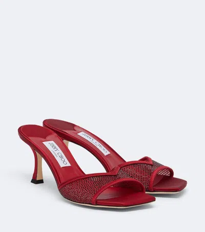 Jimmy Choo Crystal-embellished Satin-trimmed Mesh Mules In Red