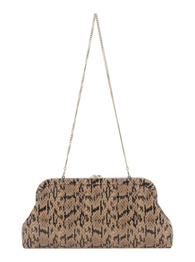 Jimmy Choo Skylar Leather Snake Motif Clutch With Removable Chain Strap, Hook Closure, 28.5x13x6 Cm In Brown