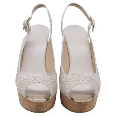 Pre-owned Jimmy Choo Slingback Peep Toe Wedges Sandals In White Raffia