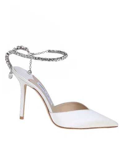 Jimmy Choo Slingback Saeda 100 In Satin With Applied Crystals In Ivory/crystal