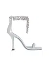 Jimmy Choo 'crystal' Metallic Sandals With Rhinestoned Ankle Strap And High Curved Heel In Silver