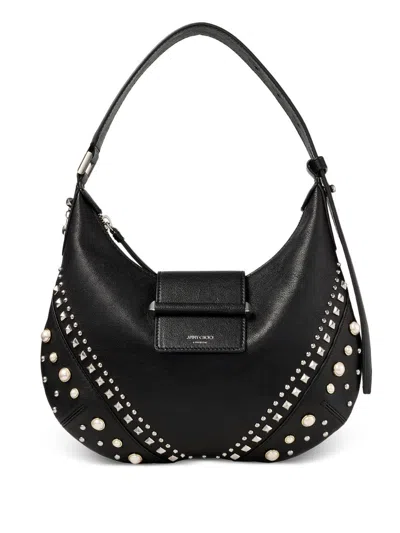 Jimmy Choo Small Bar Hobo Shoulder Bag With Pearls And Studs In Black