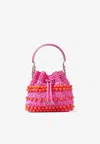 Jimmy Choo Small Bon Bon Bucket Bag In Beaded Raffia In Fuchsia