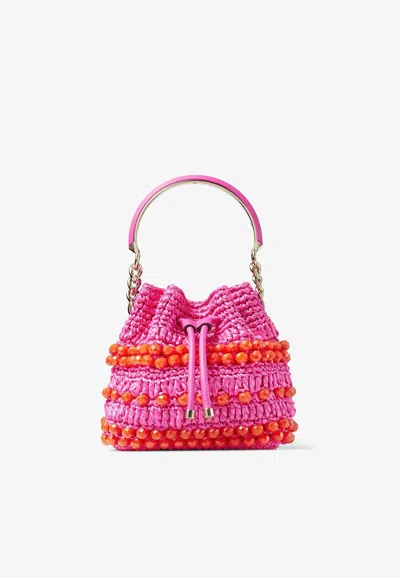 Jimmy Choo Small Bon Bon Bucket Bag In Beaded Raffia In Fuchsia