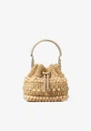 Jimmy Choo Small Bon Bon Bucket Bag In Beaded Raffia In Natural