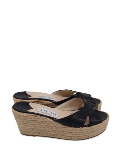 Pre-owned Jimmy Choo Snakeskin-embossed Wedge Espadrille In Black
