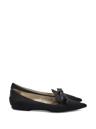 Pre-owned Jimmy Choo Snakeskin-embossed Bow Ballet Flats In Black