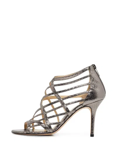 Pre-owned Jimmy Choo Snakeskin-embossed Cage Sandals In Gray