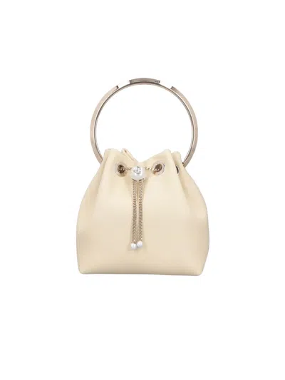 Jimmy Choo Soft-structured Drawstring Bag With Pearl Accents In Neutral