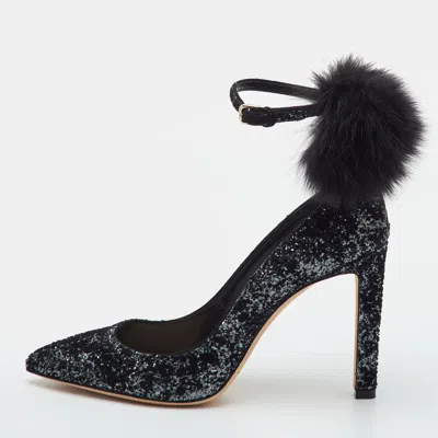 Pre-owned Jimmy Choo South Size 39.5 Black Coarse Glitter And Fox Fur Pom-pom Pointed Toe Pumps