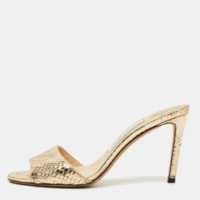 Pre-owned Jimmy Choo Stacey Size 37 Gold Snakeskin Embossed Leather Slide Sandals