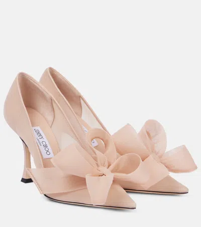 Jimmy Choo Staz 90 Bow-detail Leather And Tulle Pumps In Macaron