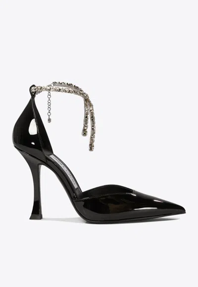 JIMMY CHOO STEVIE 100 CRYSTAL-EMBELLISHED PUMPS IN PATENT LEATHER