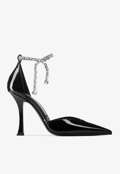 JIMMY CHOO STEVIE 100 CRYSTAL-EMBELLISHED PUMPS IN PATENT LEATHER