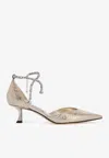 Jimmy Choo Metallic Crinkled Leather Pointed Toe Pumps With Crystal Ankle Strap In Gold