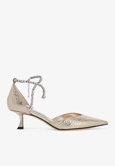 JIMMY CHOO STEVIE 50 CRYSTAL-EMBELLISHED METALLIC PUMPS