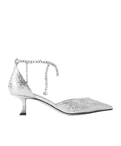 Jimmy Choo Stevie 50 Crystal-embellished Metallic Crinkled-leather Pumps In White