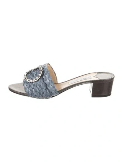 Pre-owned Jimmy Choo Straw Crystal Embellishments Slides In Blue
