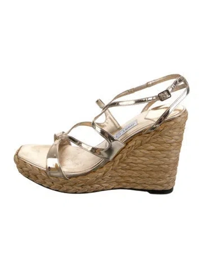Pre-owned Jimmy Choo Straw Cutout Accent Espadrilles In Gold