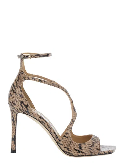 Jimmy Choo Style Azia Snake Print Leather Heeled Sandals With Square Toe And Buckle In Neutral