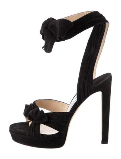 Pre-owned Jimmy Choo Suede Bow Accents Gladiator Sandals In Black