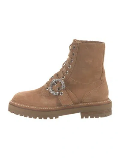 Pre-owned Jimmy Choo Suede Crystal Embellishments Combat Boots In Brown