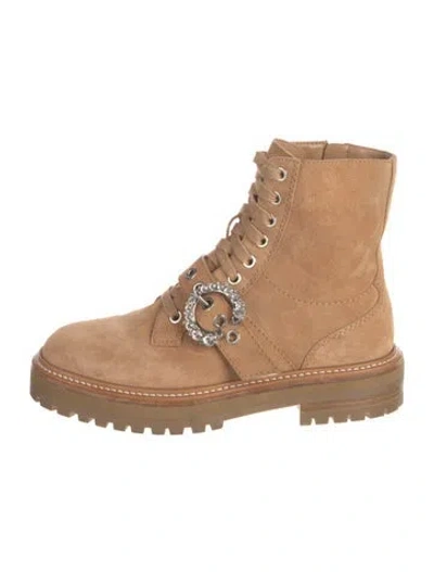 Pre-owned Jimmy Choo Suede Crystal Embellishments Combat Boots In Neutral