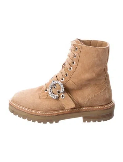 Pre-owned Jimmy Choo Suede Crystal Embellishments Combat Boots In Neutral