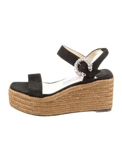 Pre-owned Jimmy Choo Suede Crystal Embellishments Espadrilles In Black