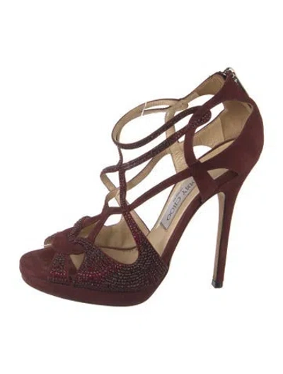 Pre-owned Jimmy Choo Suede Crystal Embellishments Gladiator Sandals In Burgundy