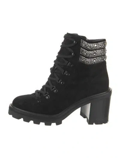 Pre-owned Jimmy Choo Suede Crystal Embellishments Lace-up Boots In Black