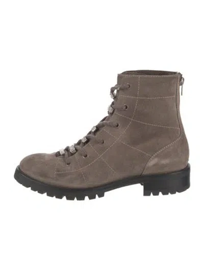 Pre-owned Jimmy Choo Suede Crystal Embellishments Lace-up Boots In Grey