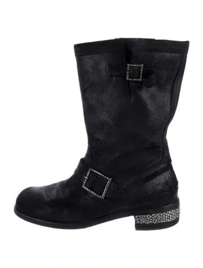 Pre-owned Jimmy Choo Suede Crystal Embellishments Moto Boots In Black