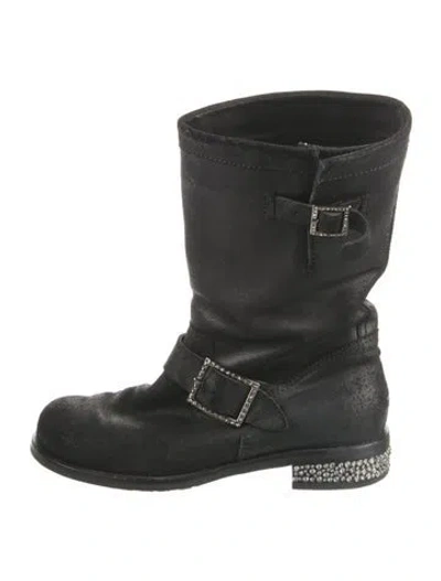 Pre-owned Jimmy Choo Suede Crystal Embellishments Moto Boots In Black