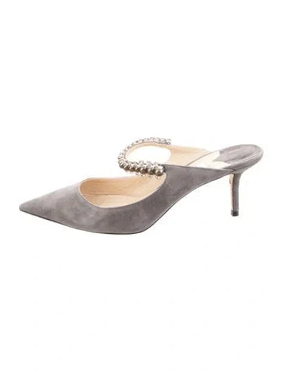 Pre-owned Jimmy Choo Suede Crystal Embellishments Mules In Gray